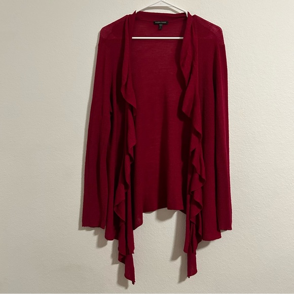 Eileen Fisher Sweaters - Eileen Fisher Cardigan Sweater Women’s Large Red Wool Camel Modal Ruffle Classic